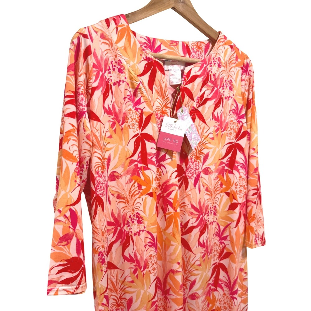 Stella Parker UPF 50 Swim Cover Up M Pink Orange Tropical Floral 3/4 Sleeve NWT